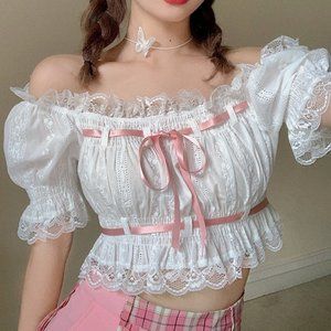 Eyelet Lace Off the Shoulder Peasant Milkmaid Crop Top Blouse Prairie White XS S